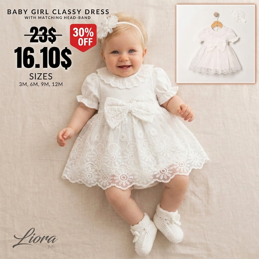 White Baby Girl Lace Dress – Bow & Headband Set