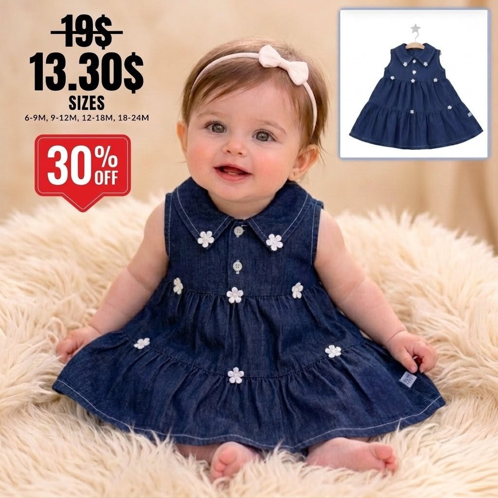 “Meadow Heart” Baby Denim Dress – Tiered Skirt & Floral Detail