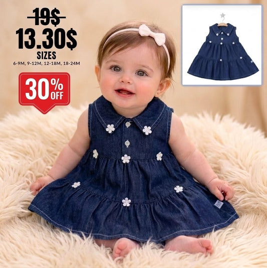 “Meadow Heart” Baby Denim Dress – Tiered Skirt & Floral Detail