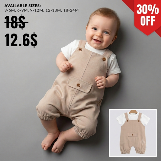Beige Buttoned Charm – Baby Boy Romper