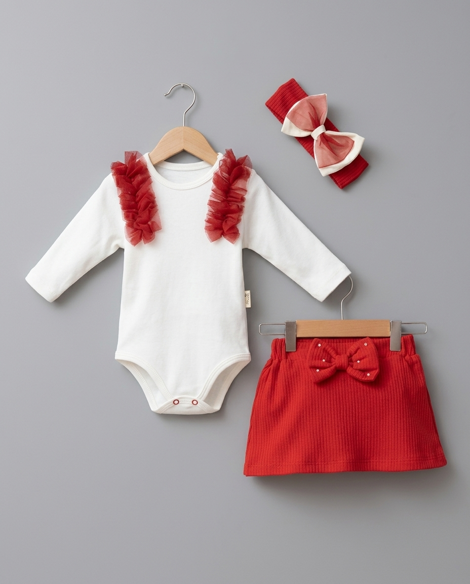 The Scarlett Tulle Ruffle Bodysuit & Skirt Set – Red & White