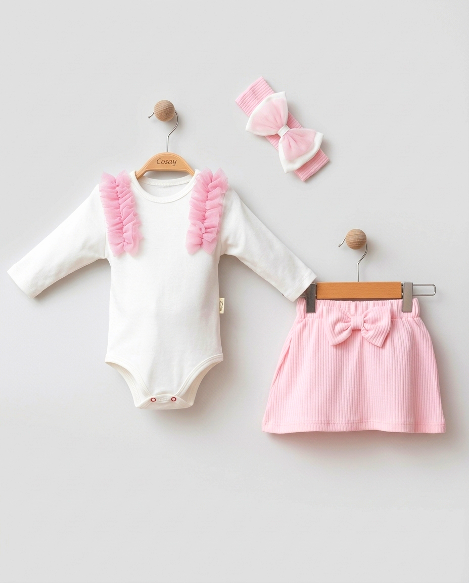 The Rosalie Tulle Ruffle Bodysuit & Skirt Set – Soft Pink & White