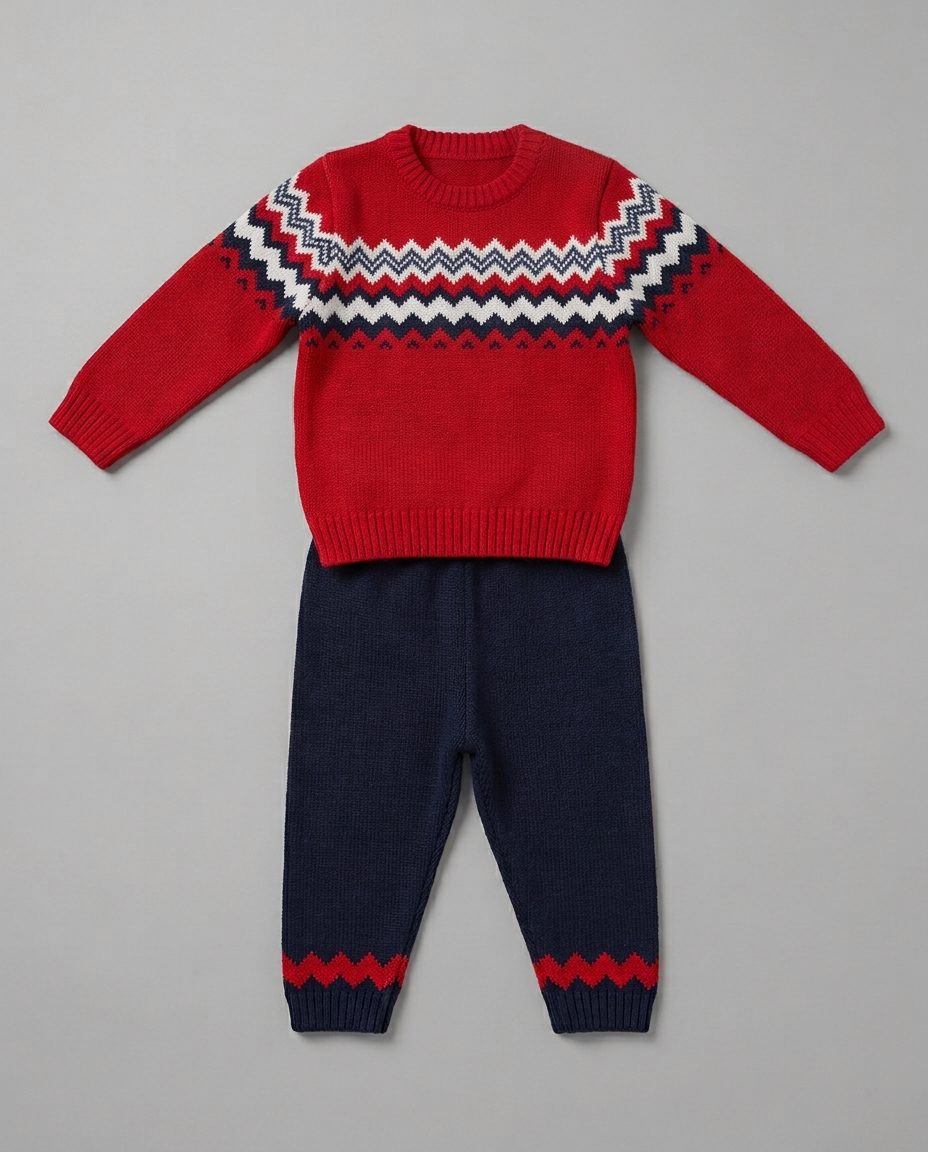 The Tristan Fair Isle Knit Sweater & Pants Set – Red & Navy