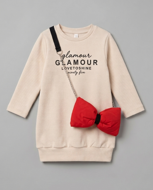 The Camille Sweatshirt Dress with Red Bow Bag Accent – Cream & Red