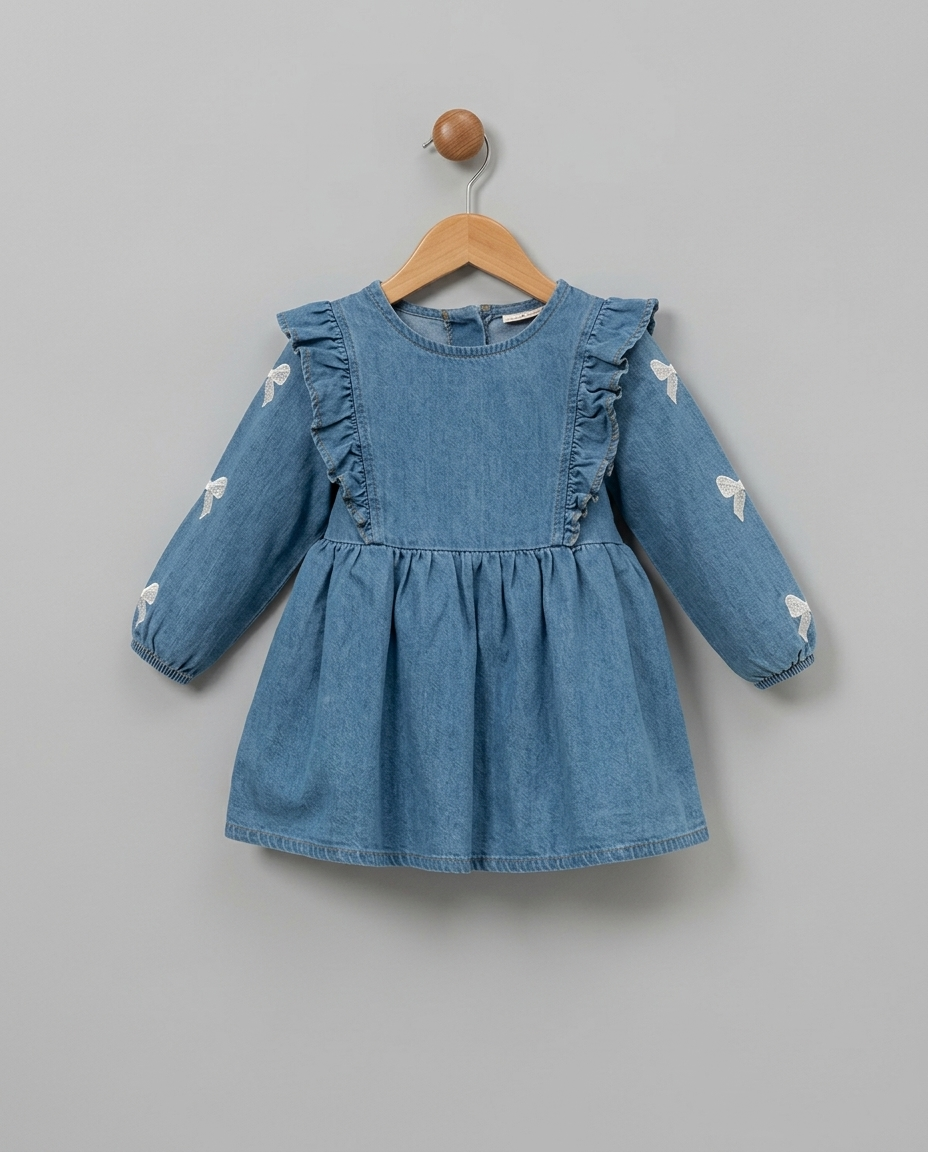 The Clementine Embroidered Denim Ruffle Dress – Blue
