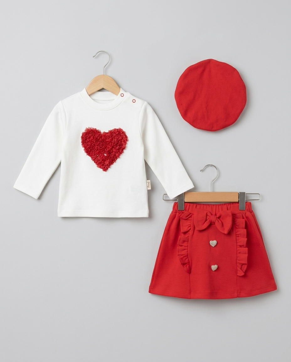 The Valentine Heart Top, Ruffled Skirt & Beret Set – Red & White