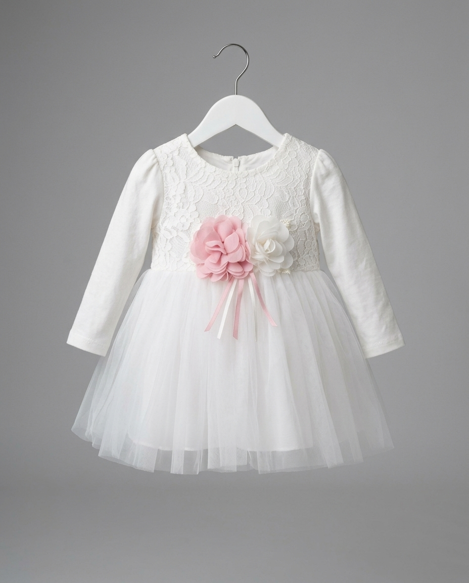 The Eloise Lace & Tulle Flower Dress – White & Pink