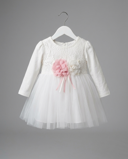 The Eloise Lace & Tulle Flower Dress – White & Pink