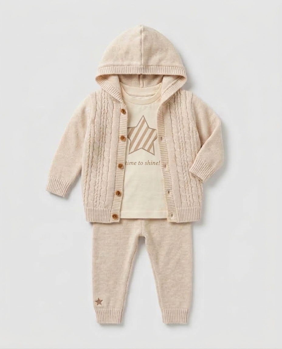 The Milo 3-Piece Hooded Knit Cardigan Set – Cream Oatmeal