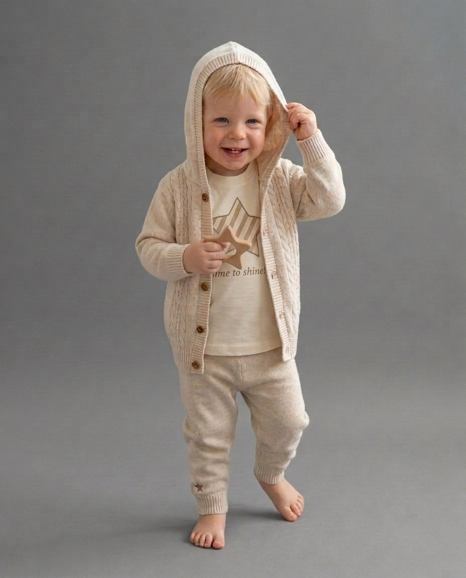 The Milo 3-Piece Hooded Knit Cardigan Set – Cream Oatmeal
