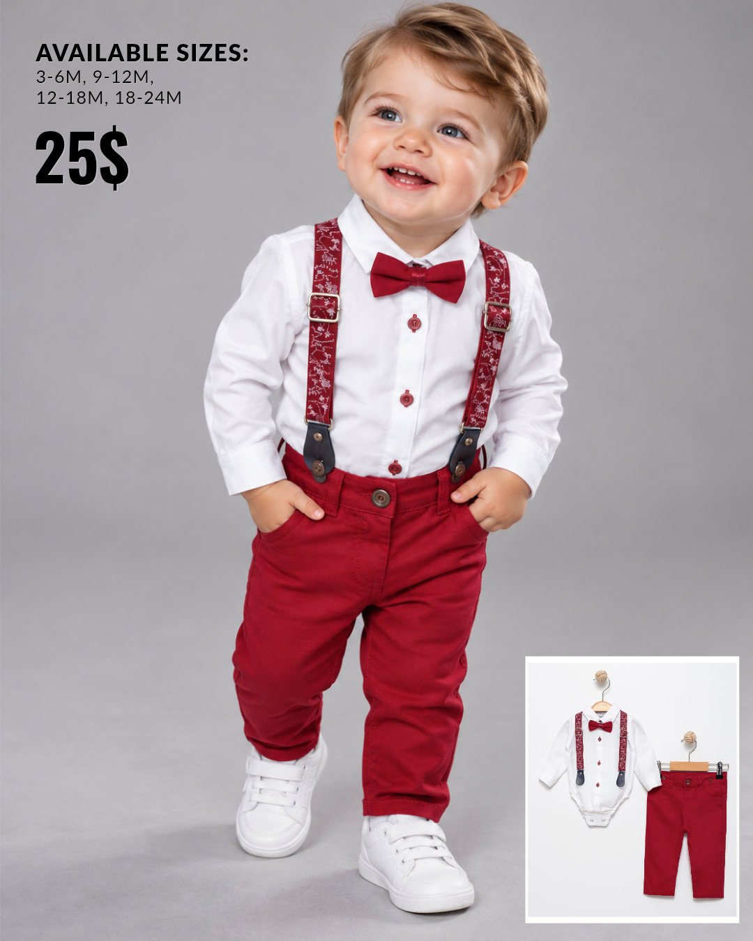 Baby Boys White Bodysuit & Red Pants Set with Bow Tie & Suspenders