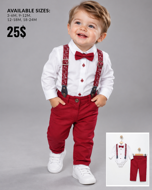 Baby Boys White Bodysuit & Red Pants Set with Bow Tie & Suspenders