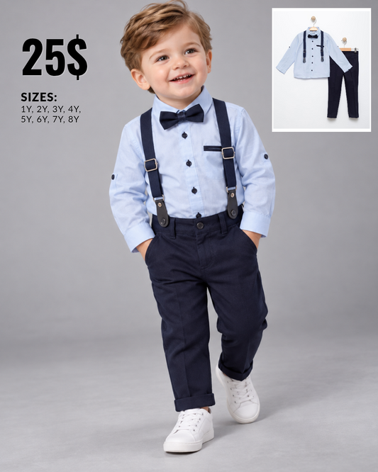 Boys Light Blue Shirt & Navy Pants Set with Bow Tie & Suspenders