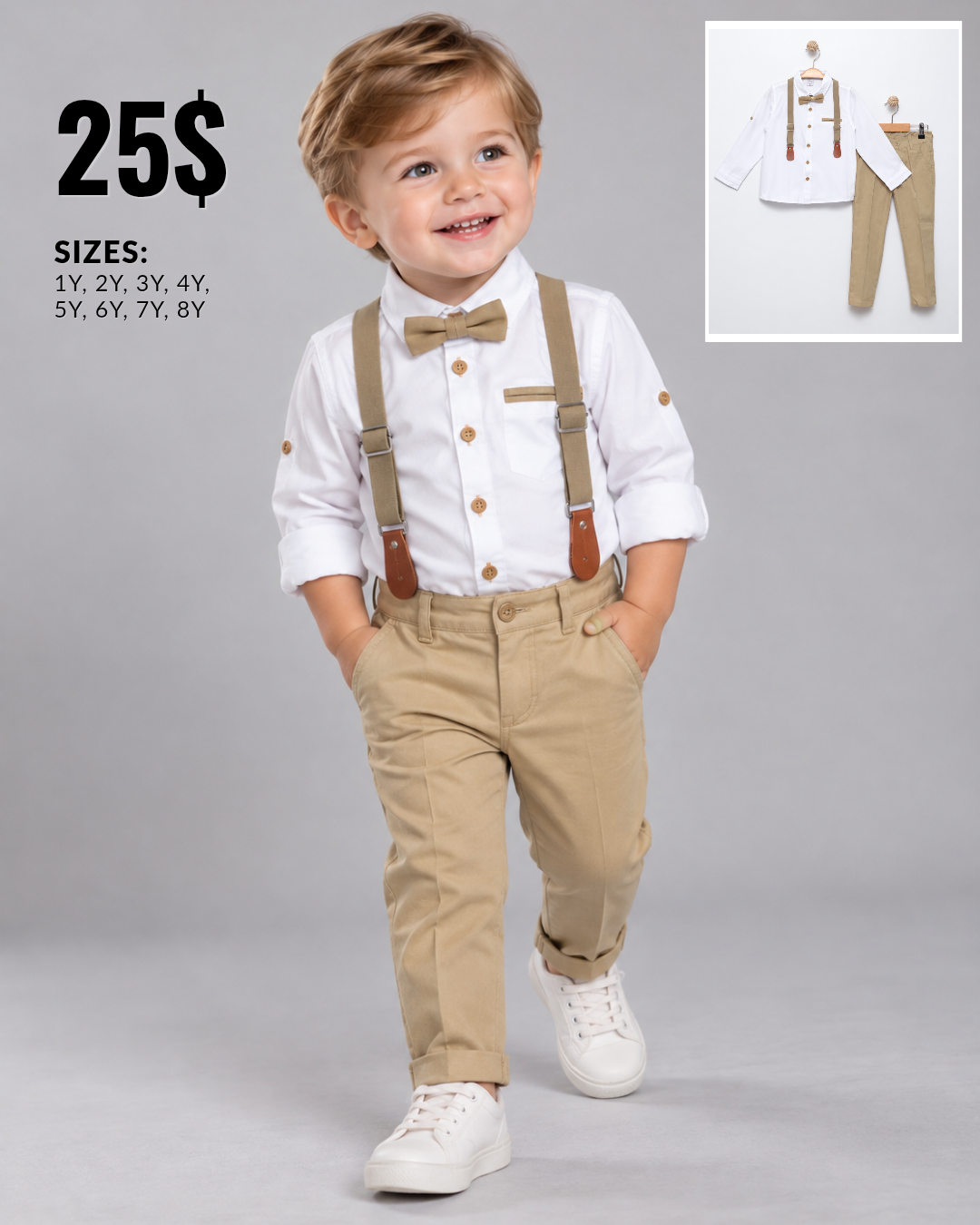 Boys White Shirt & Beige Pants Set with Bow Tie & Suspenders