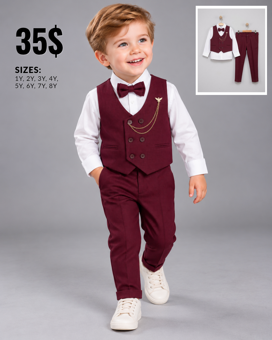 Boys Burgundy Double-Breasted Vest Suit Set with Bow Tie