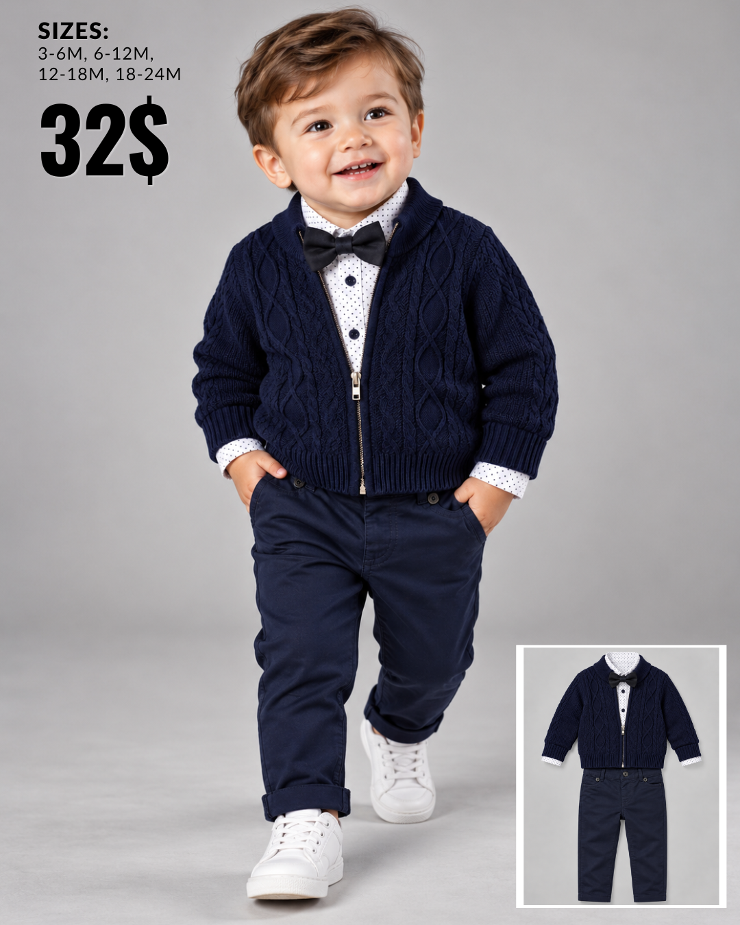 Baby Boys Navy Cable-Knit Zip Cardigan & Bow Tie Outfit Set
