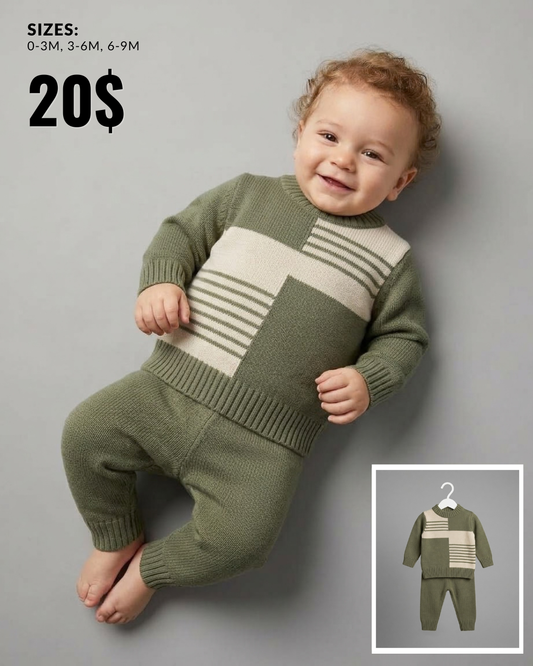Olive Green Colourblock Knit Baby Sweater & Pants Set