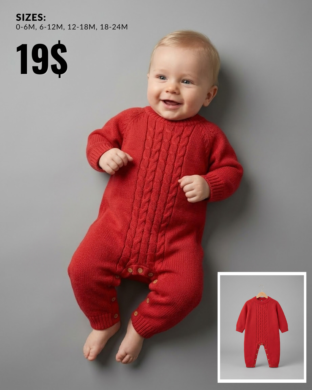 Red Cable-Knit Baby Onesie