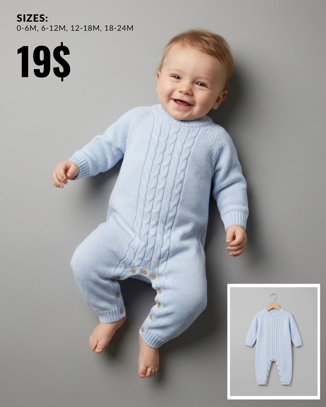 Light Blue Cable-Knit Baby Onesie