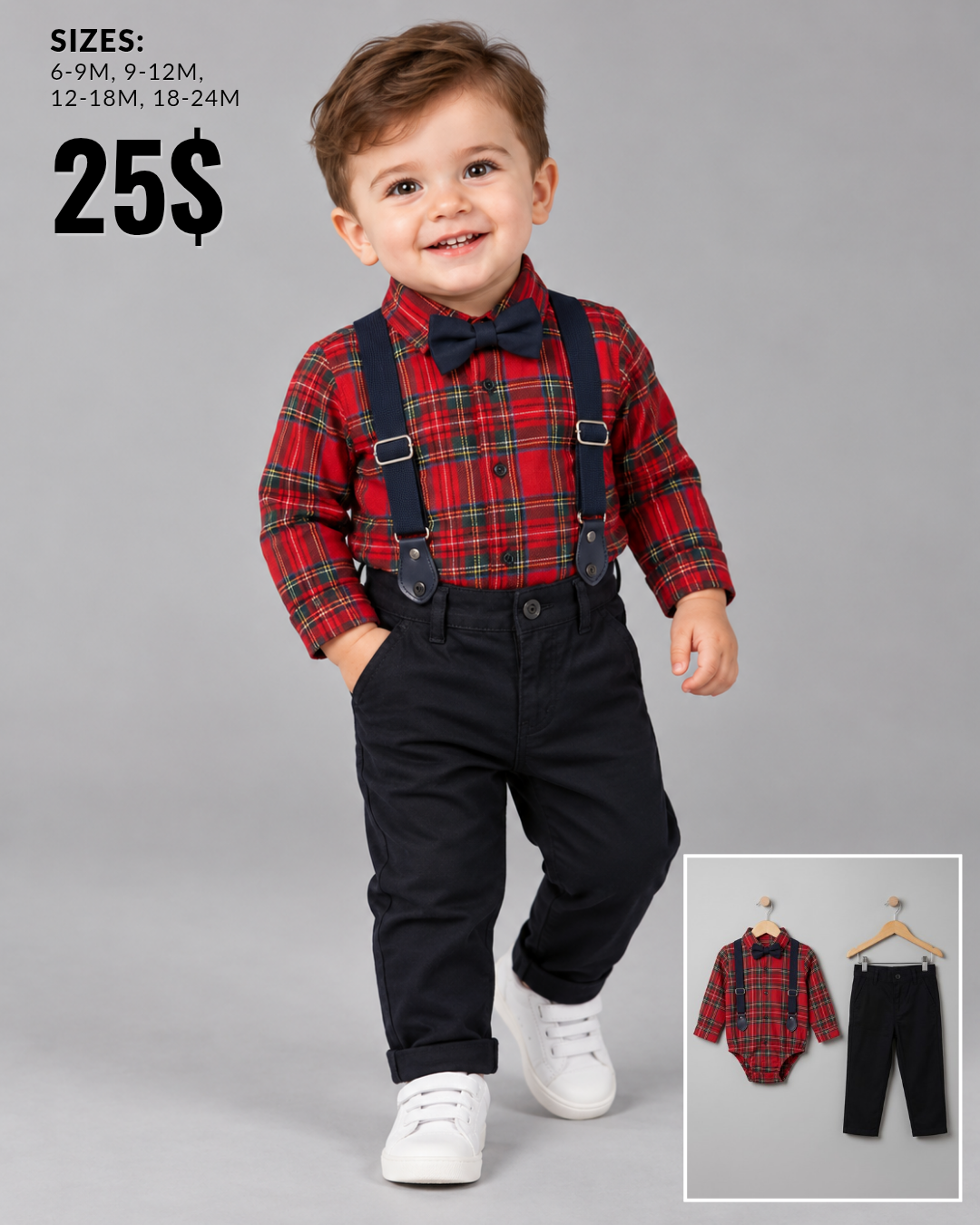 Baby Boys Red Plaid Bodysuit & Black Pants Set with Bow Tie & Suspenders