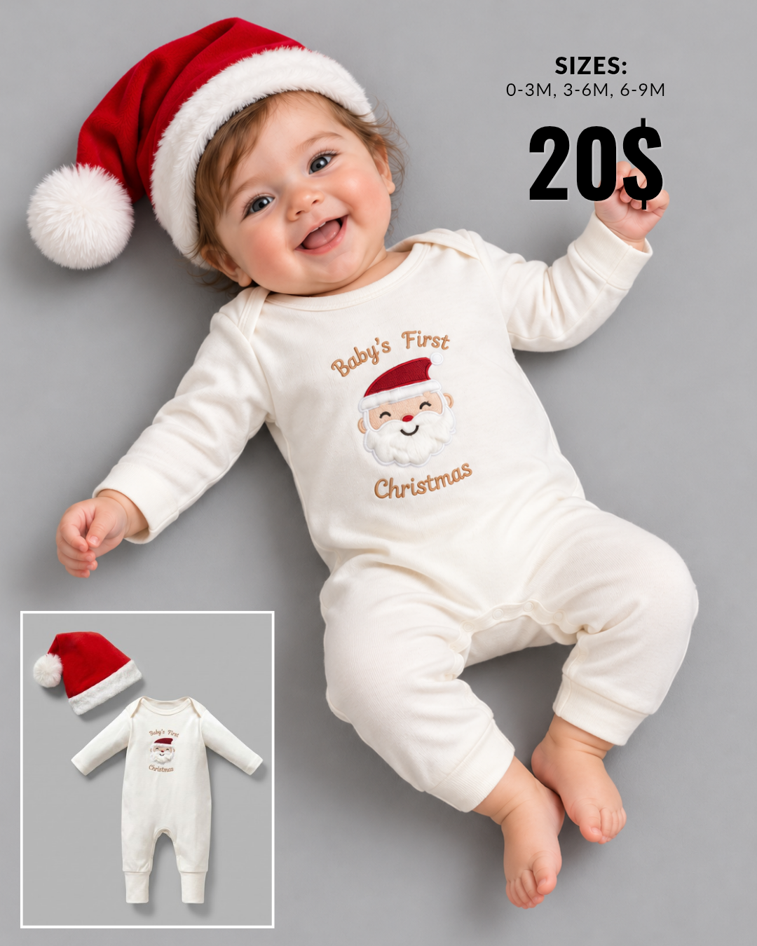 Baby's First Christmas Cream Onesie & Santa Hat Set