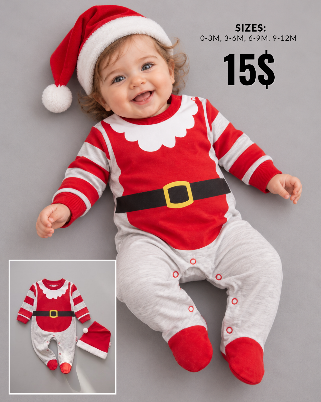 Red & Grey Santa Footed Baby Onesie & Hat Set