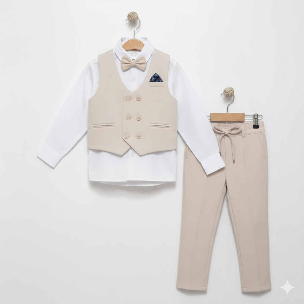 Beige Boys Formal Suit – 4-Piece Set with Gilet, Shirt, Pants & Bow Tie