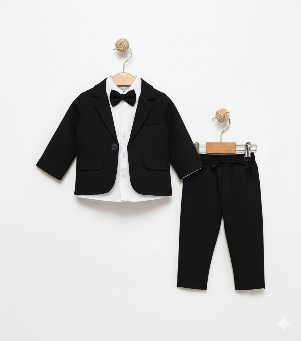 Black Baby Boy Formal Suit – 4-Piece Set with Blazer, Shirt, Pants & Bow Tie