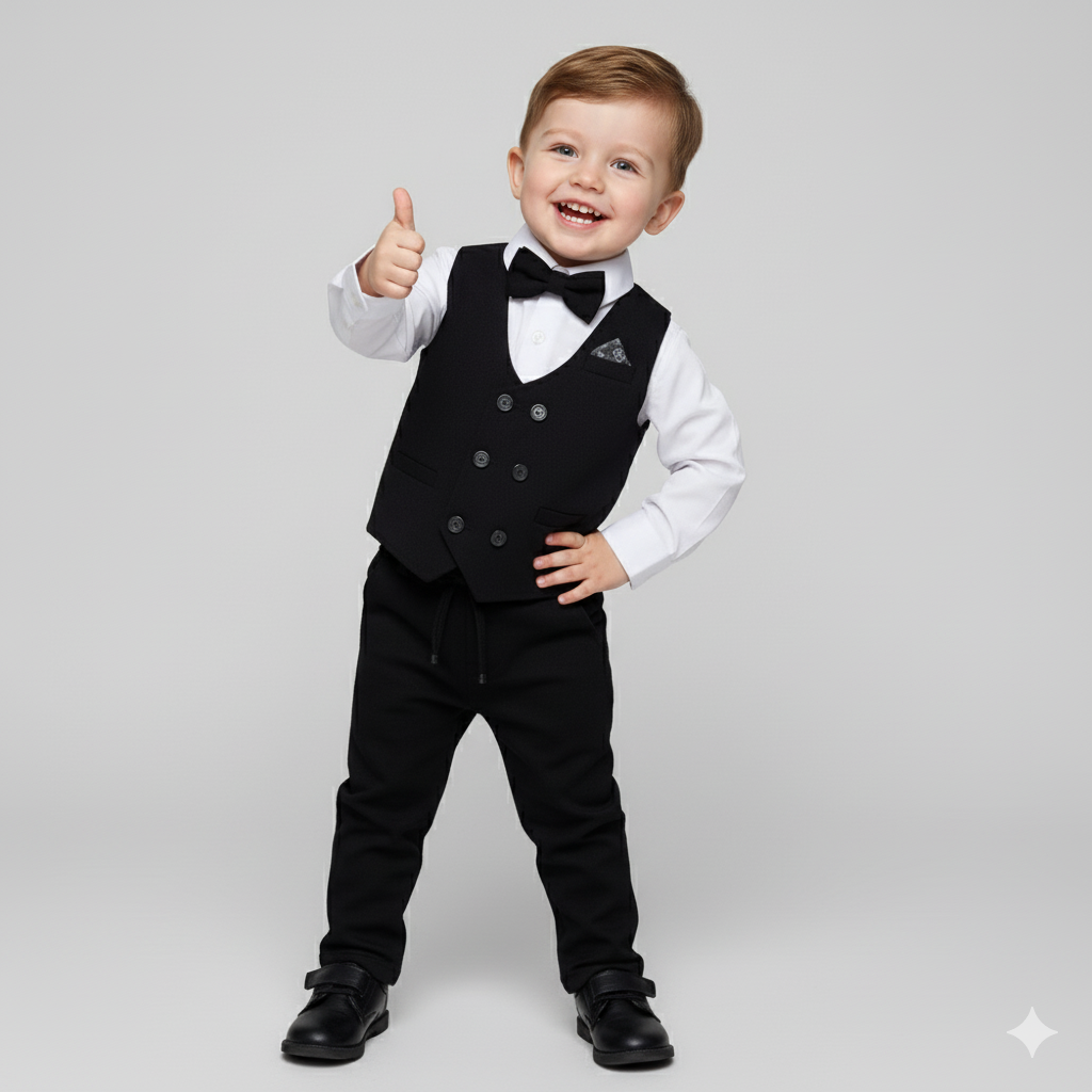 Black Boys Formal Suit – 4-Piece Set with Gilet, Shirt, Pants & Bow Tie