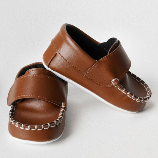 Vintage-Inspired Brown Baby Moccasins – Soft Leather Slip-On Shoes for Infants & Toddlers