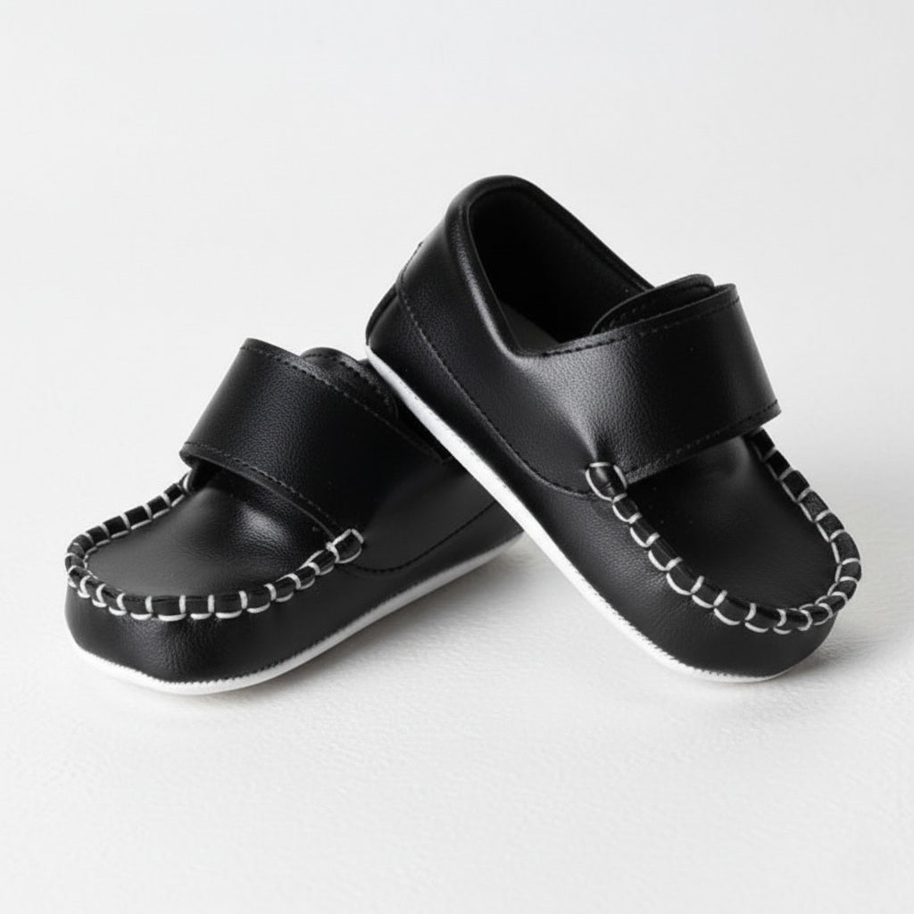 Vintage-Inspired Black Baby Moccasins – Soft Leather Slip-On Shoes for Infants & Toddlers