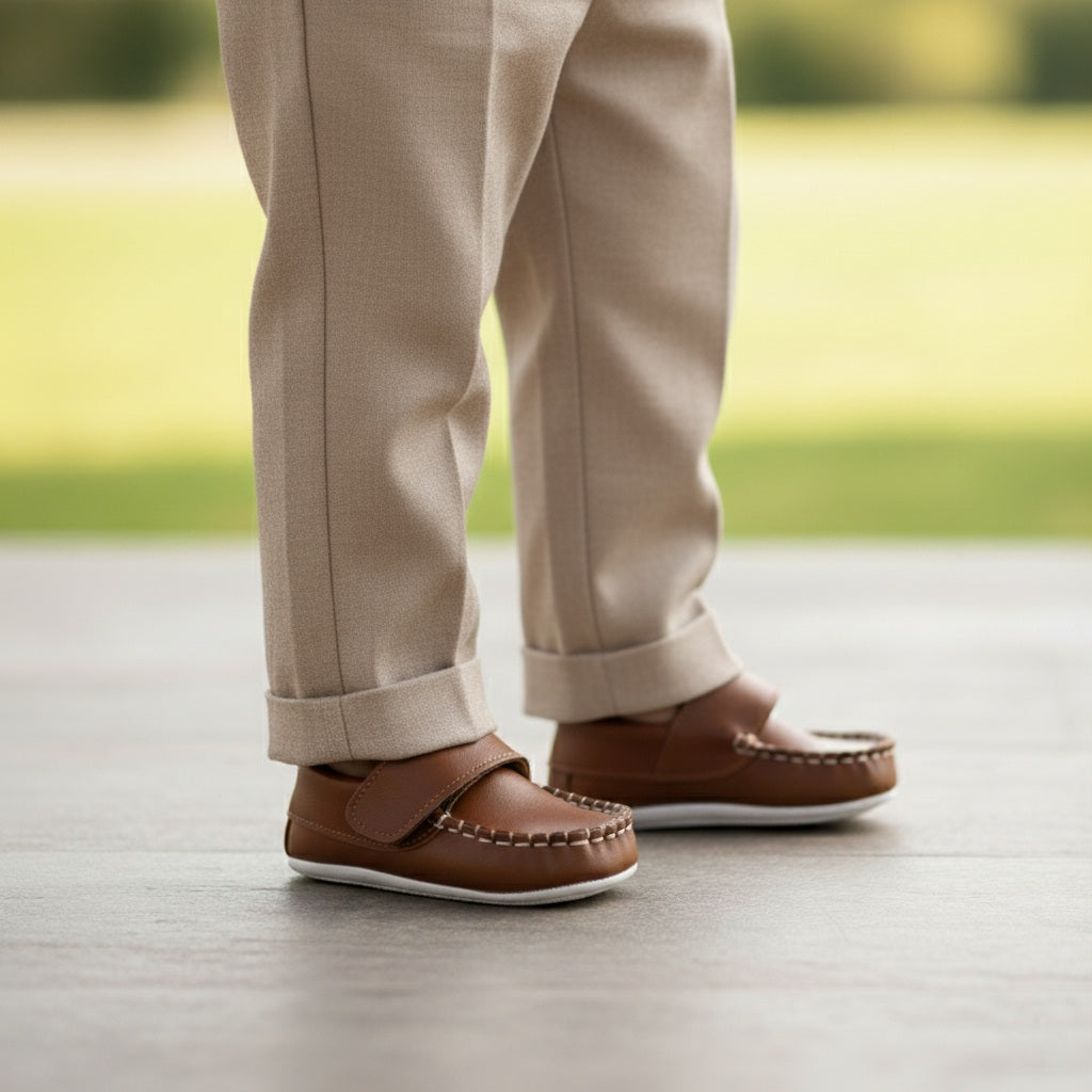 Vintage-Inspired Brown Baby Moccasins – Soft Leather Slip-On Shoes for Infants & Toddlers