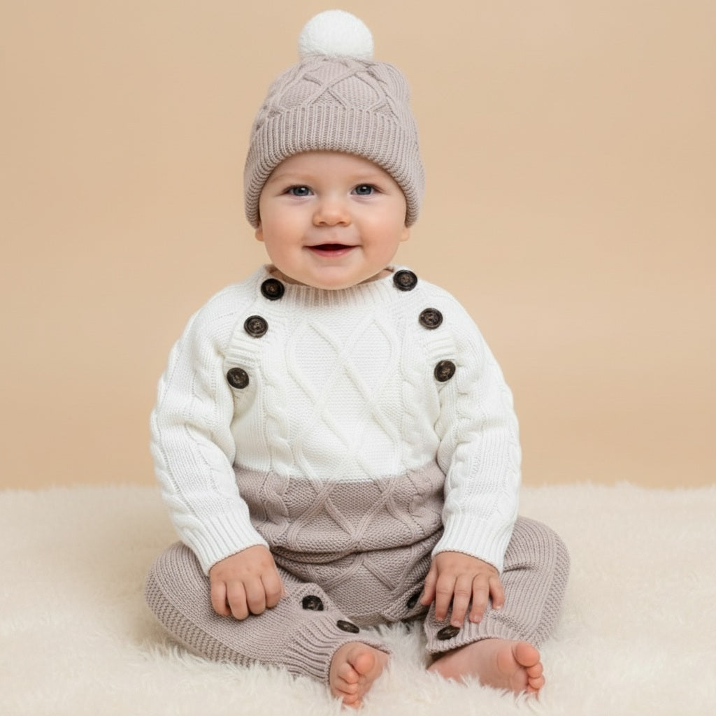 White & Beige Cable Knit Baby Romper – Two-Tone Bodysuit with Pom-Pom Hat & Button Details