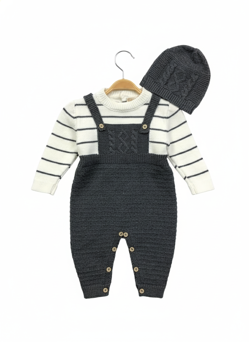 Dark Gray Knit Baby Outfit – Textured Overalls, Striped Shirt & Pom-Pom Hat Set