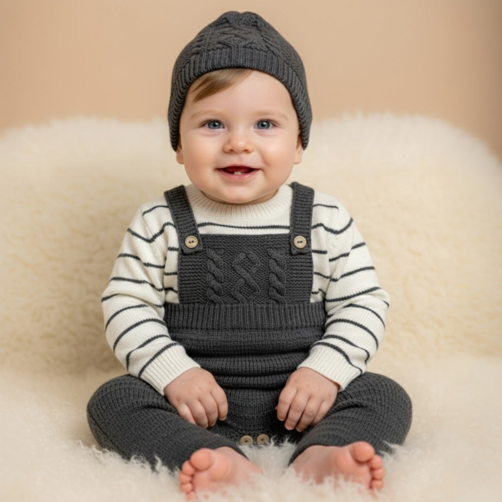 Dark Gray Knit Baby Outfit – Textured Overalls, Striped Shirt & Pom-Pom Hat Set