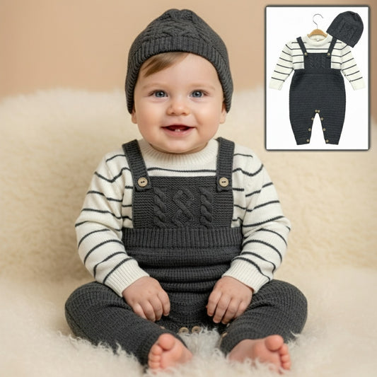 Dark Gray Knit Baby Outfit – Textured Overalls, Striped Shirt & Pom-Pom Hat Set