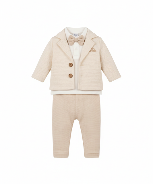 Beige Formal Baby Outfit – Textured Blazer, Bow Tie & Pants Set with White Shirt