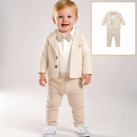 Beige Formal Baby Outfit – Textured Blazer, Bow Tie & Pants Set with White Shirt