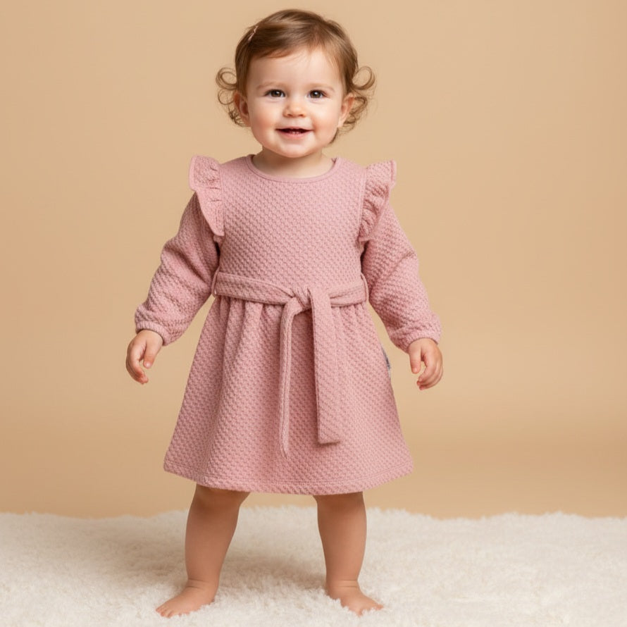 Pink Waffle-Knit Baby Dress – Long Sleeve Belted Outfit with Ruffled Shoulders