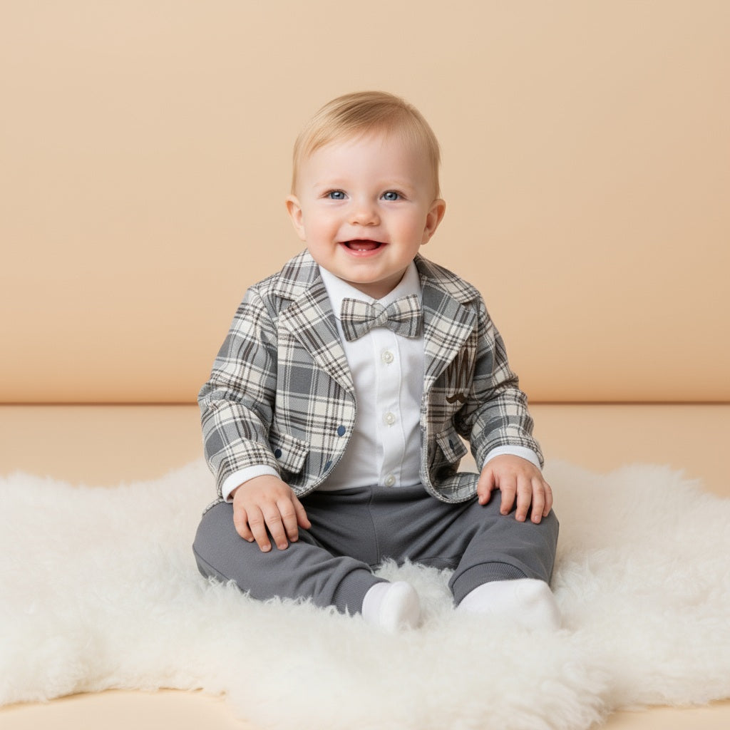 Gray Plaid Baby Boy Outfit – Printed Jacket, Bow Tie & Cuffed Pants Set for Special Occasions