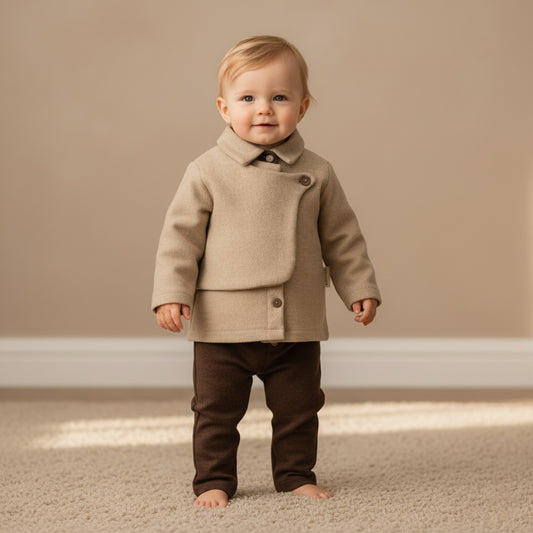 Brown Asymmetrical Baby Outfit – High-Collar Jacket & Buttoned Pants Set for Fall/Winter