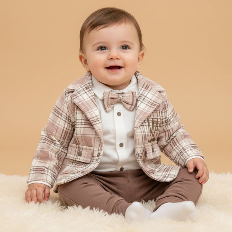 Plaid “Little Man” Baby Outfit – Double-Breasted Jacket, Bow Tie & Pants Set for Special Occasions