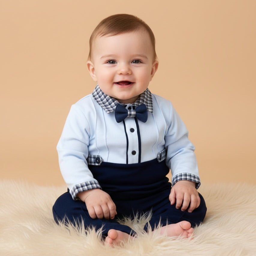 Light Blue & Navy Baby Boy Outfit – Formal Top with Bow Tie, Checkered Collar & Matching Pants