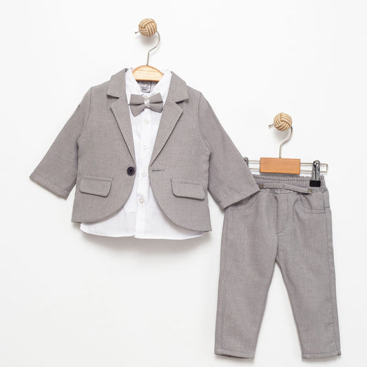 Gray Baby Boy Formal Suit – 4-Piece Set with Blazer, Shirt, Pants & Bow Tie