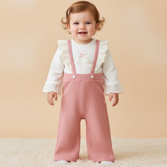 White & Pink Baby Girl Outfit – Lace Ruffle Top with Textured Suspender Pants