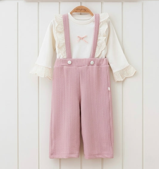 Cream & Pink Baby Girl Outfit – Lace Ruffle Top with Ribbed Suspender Pants