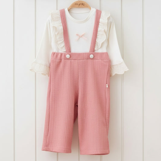 White & Pink Baby Girl Outfit – Lace Ruffle Top with Textured Suspender Pants