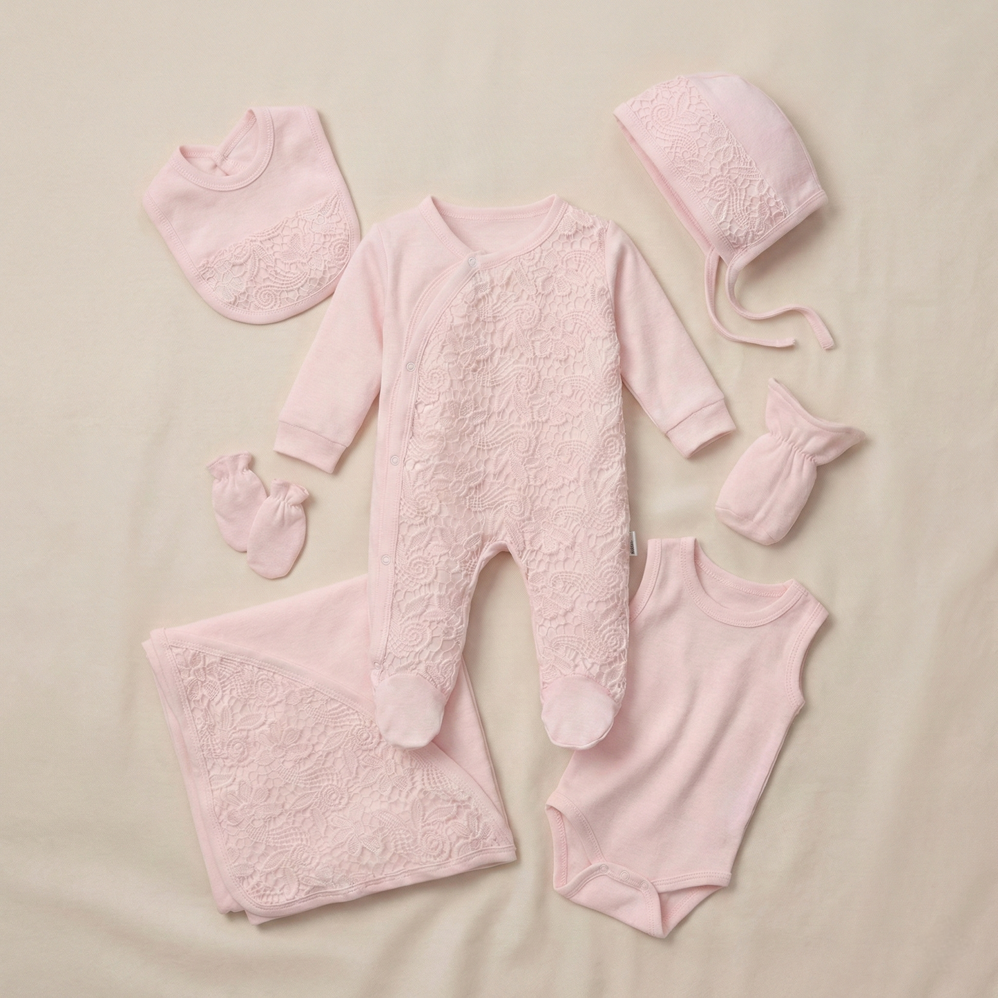 Pink Lace Elegance – 7 Pieces Newborn Gift Set