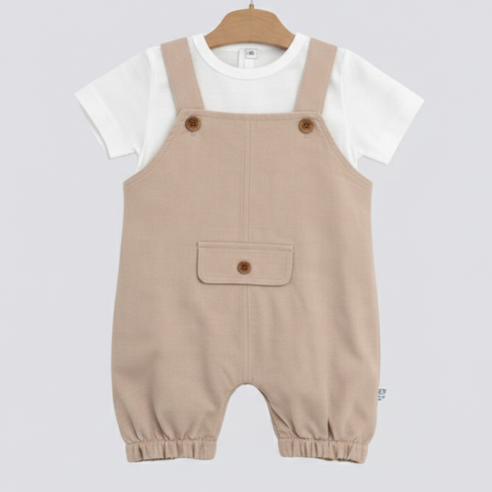 Beige Buttoned Charm – Baby Boy Romper