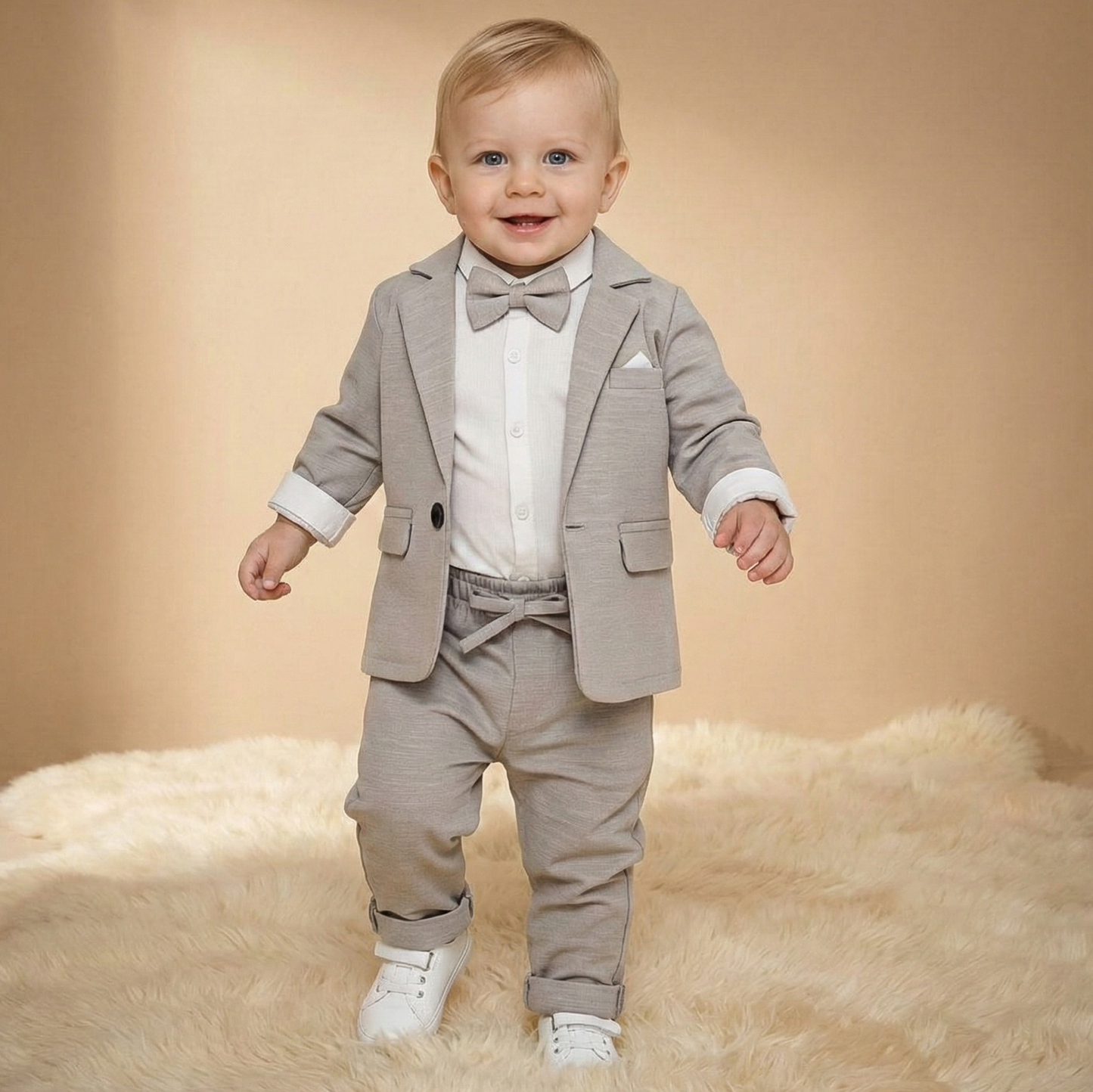 Gray Baby Boy Formal Suit – 4-Piece Set with Blazer, Shirt, Pants & Bow Tie